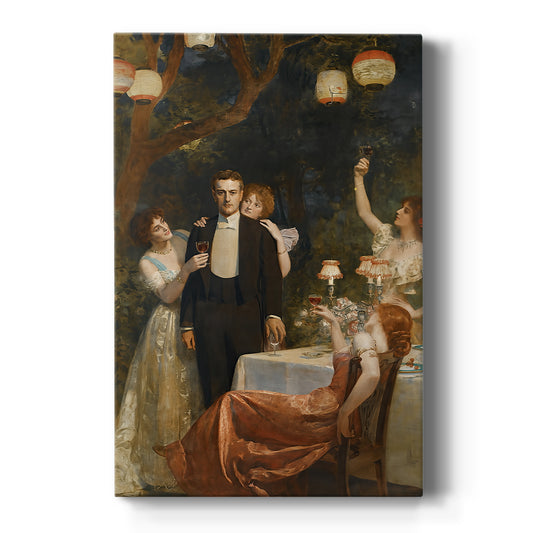 Canvas art print featuring a narrative scene of a man being offered wine in a lush detailed garden on a clean white background.