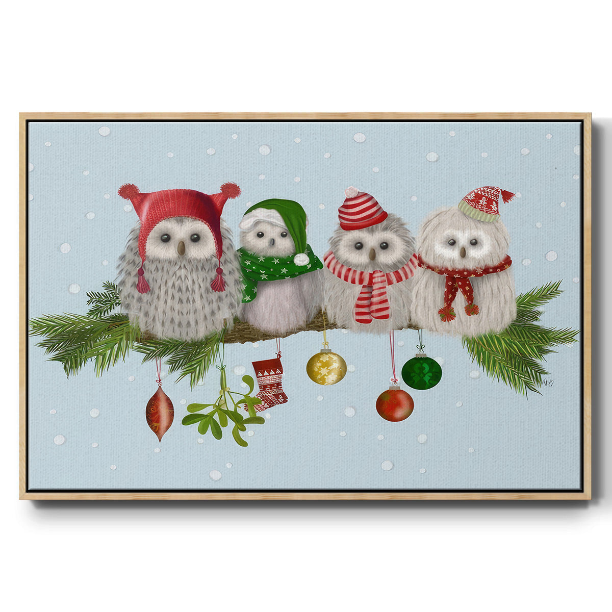 Christmas Fluffy Christmas Owls on Branch - Framed Gallery Wrapped Canvas in Floating Frame