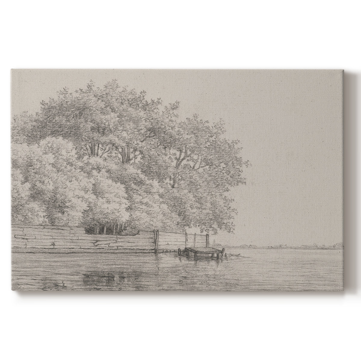 Serene riverside view with trees and a wooden dock in soft daylight setting