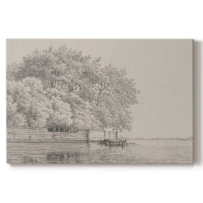 Serene riverside view with trees and a wooden dock in soft daylight setting