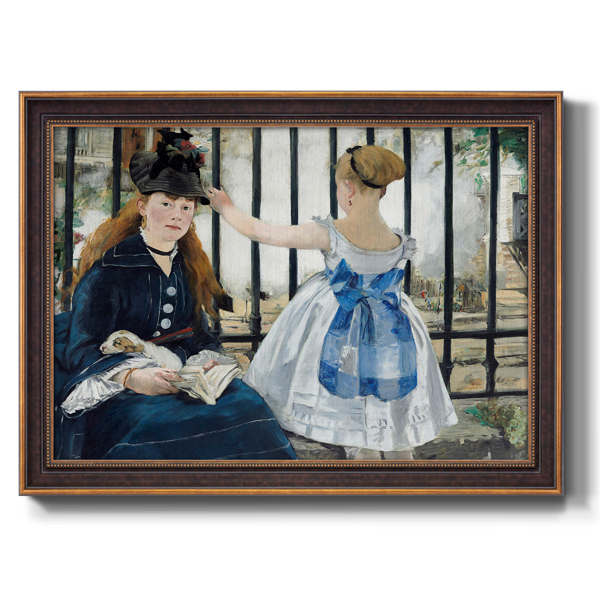 Impressionist urban scene near a railway by Édouard Manet printed on canvas in an ornate bronzed mahogany wood frame.