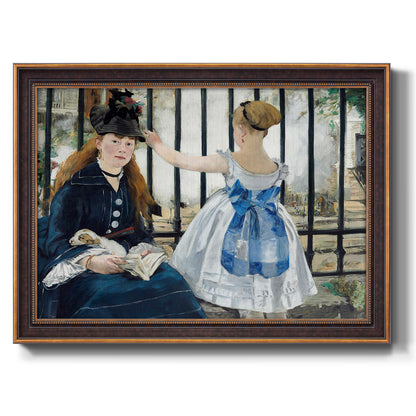 Impressionist urban scene near a railway by Édouard Manet printed on canvas in an ornate bronzed mahogany wood frame.