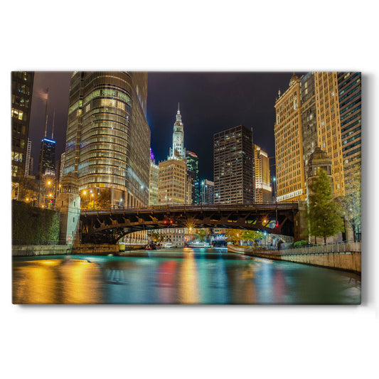 Chicago River at Night V - Gallery Wrapped Canvas