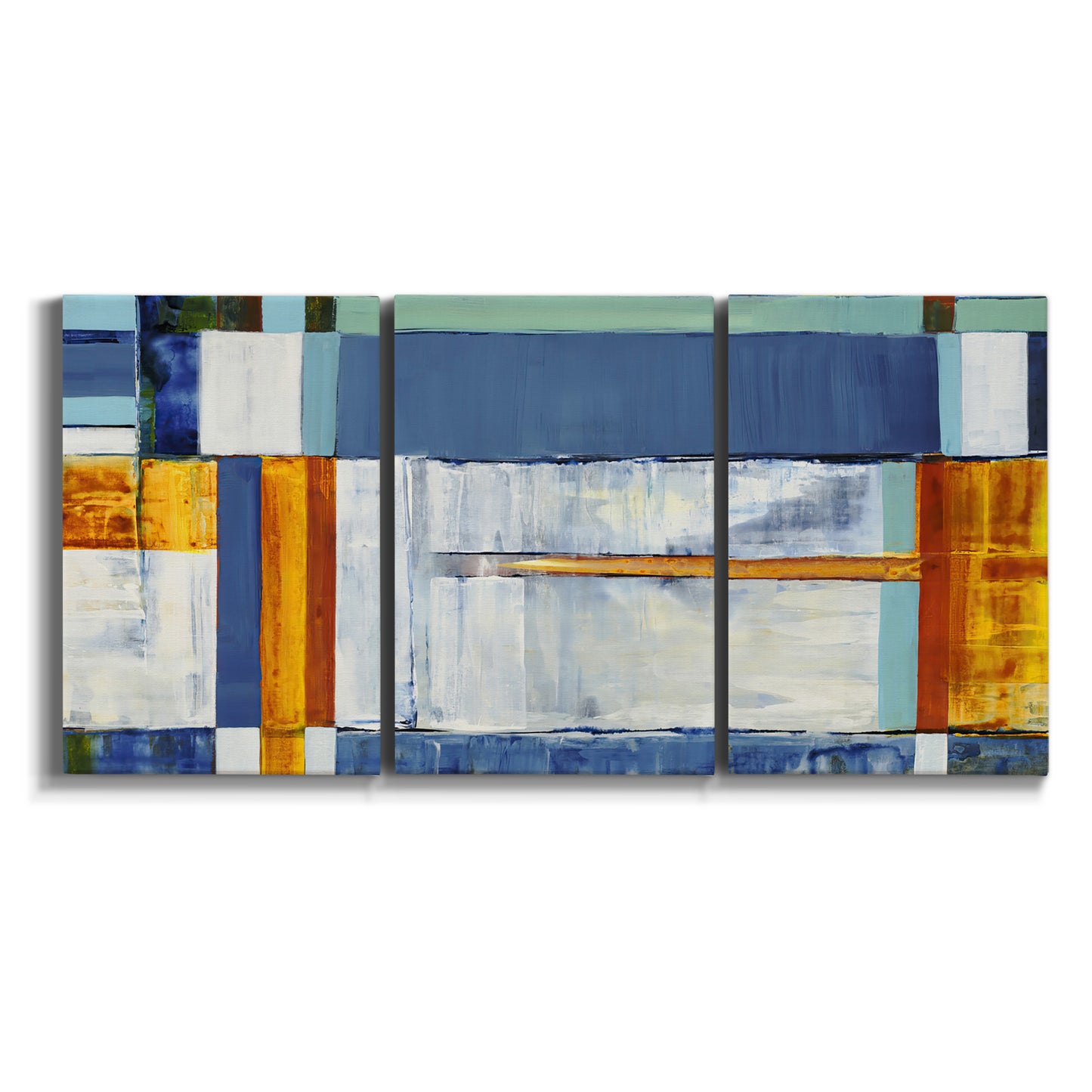 Three-panel canvas wall art featuring bright mid century geometric abstraction on white background.