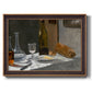 Impressionist still life with wine and bread by Claude Monet printed on canvas in an ornate bronzed mahogany wood frame.