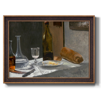 Impressionist still life with wine and bread by Claude Monet printed on canvas in an ornate bronzed mahogany wood frame.