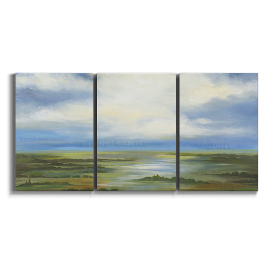 Three-panel canvas wall art featuring pastoral path leading into distance on white background.