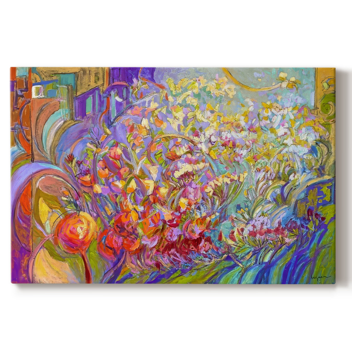 Vibrant floral composition showcasing bright colors and dynamic shapes in an abstract style