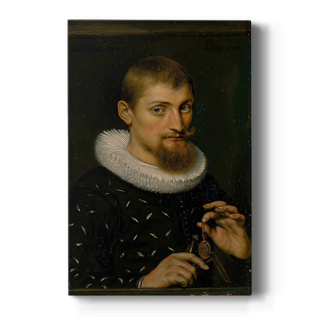 Canvas art print featuring a Baroque portrait of a young man in dark attire with soft light on a clean white background.