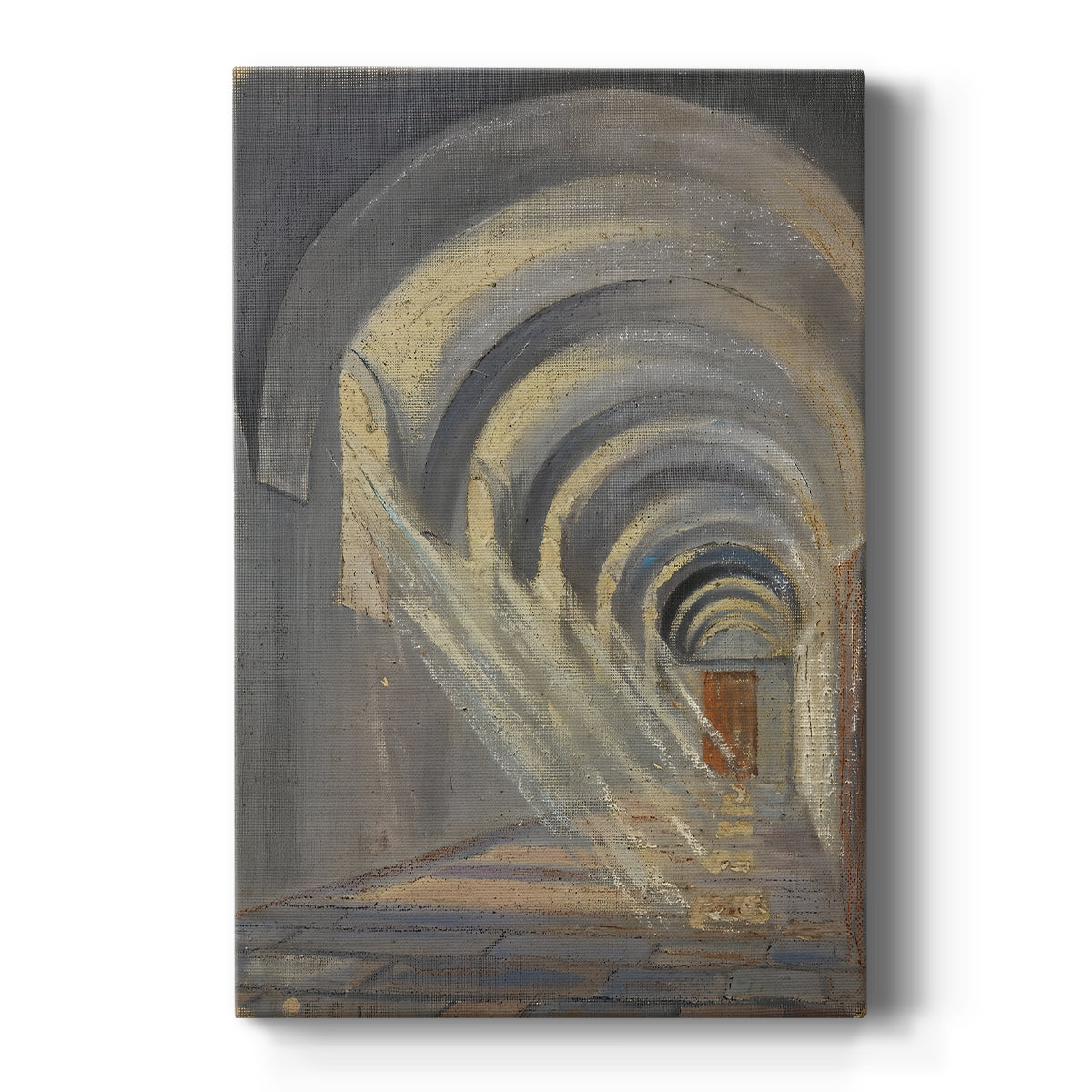 Canvas art print featuring an expressionist architectural scene with angled light streaming through a cloister on a clean white background.
