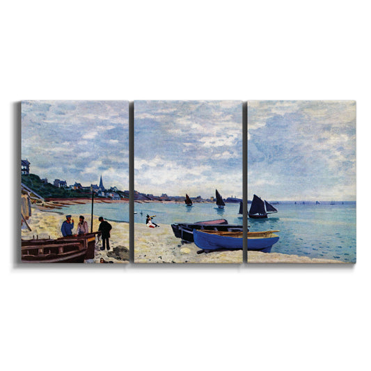 Three-panel canvas wall art featuring busy beach scene with shoreline on white background.