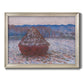 Impressionist single haystack landscape by Claude Monet printed on canvas in an ornate champagne frame.