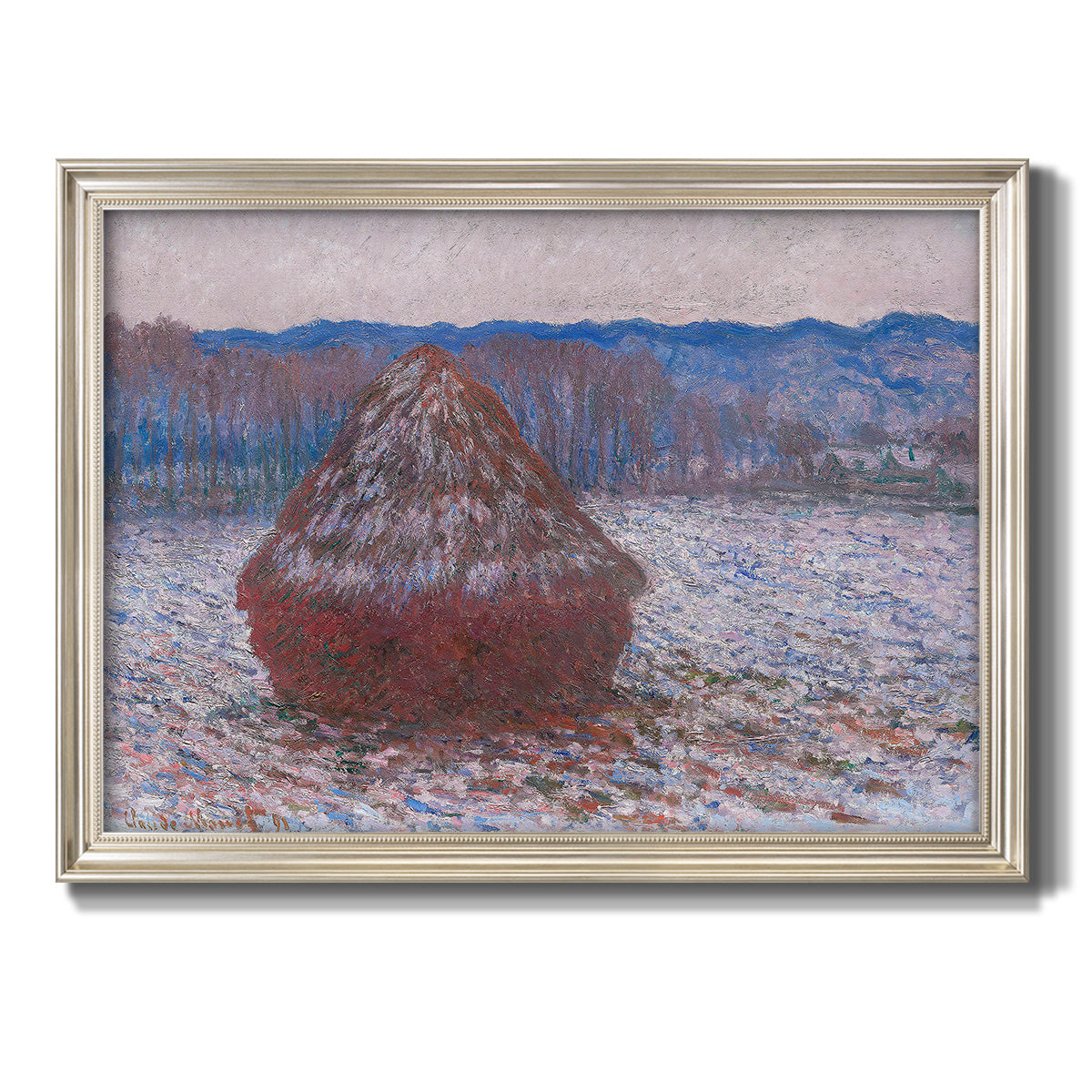 Impressionist single haystack landscape by Claude Monet printed on canvas in an ornate champagne frame.