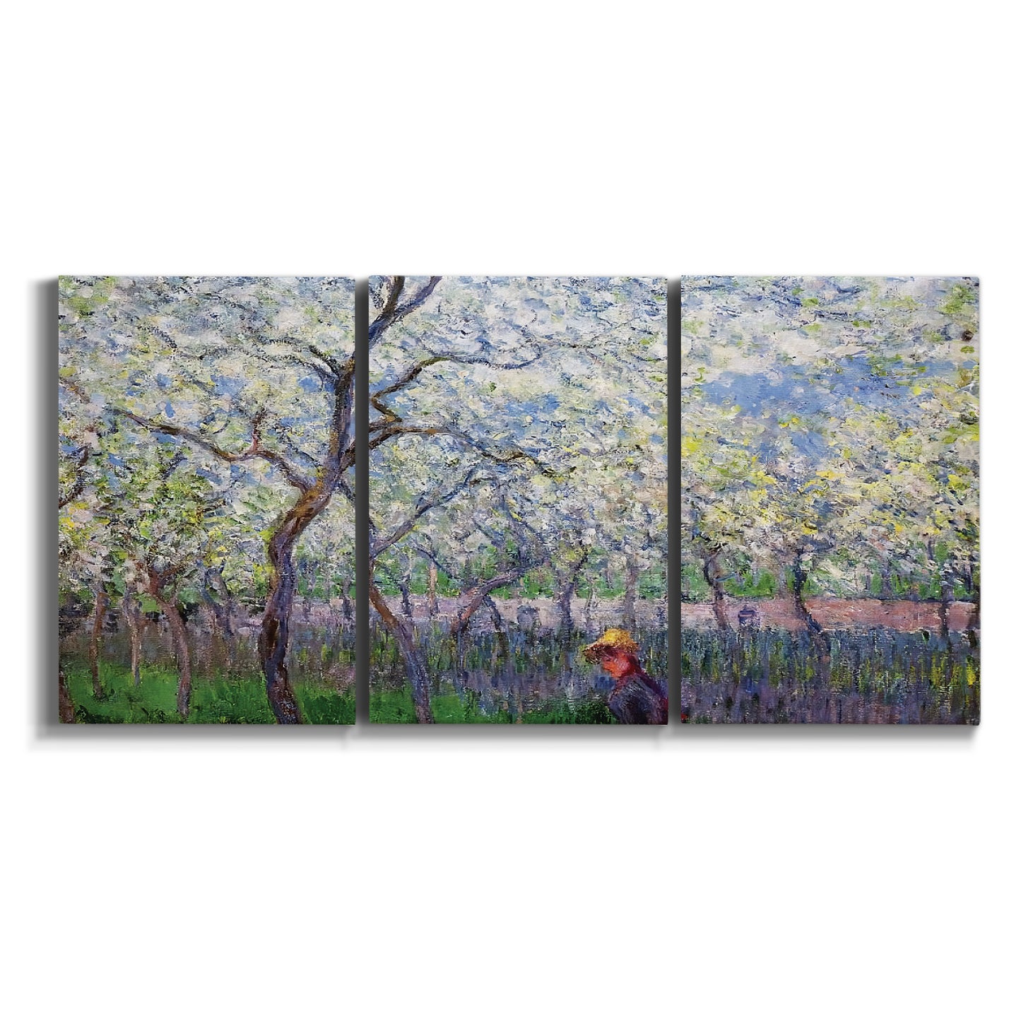 Three-panel canvas wall art featuring fresh spring countryside landscape on white background.