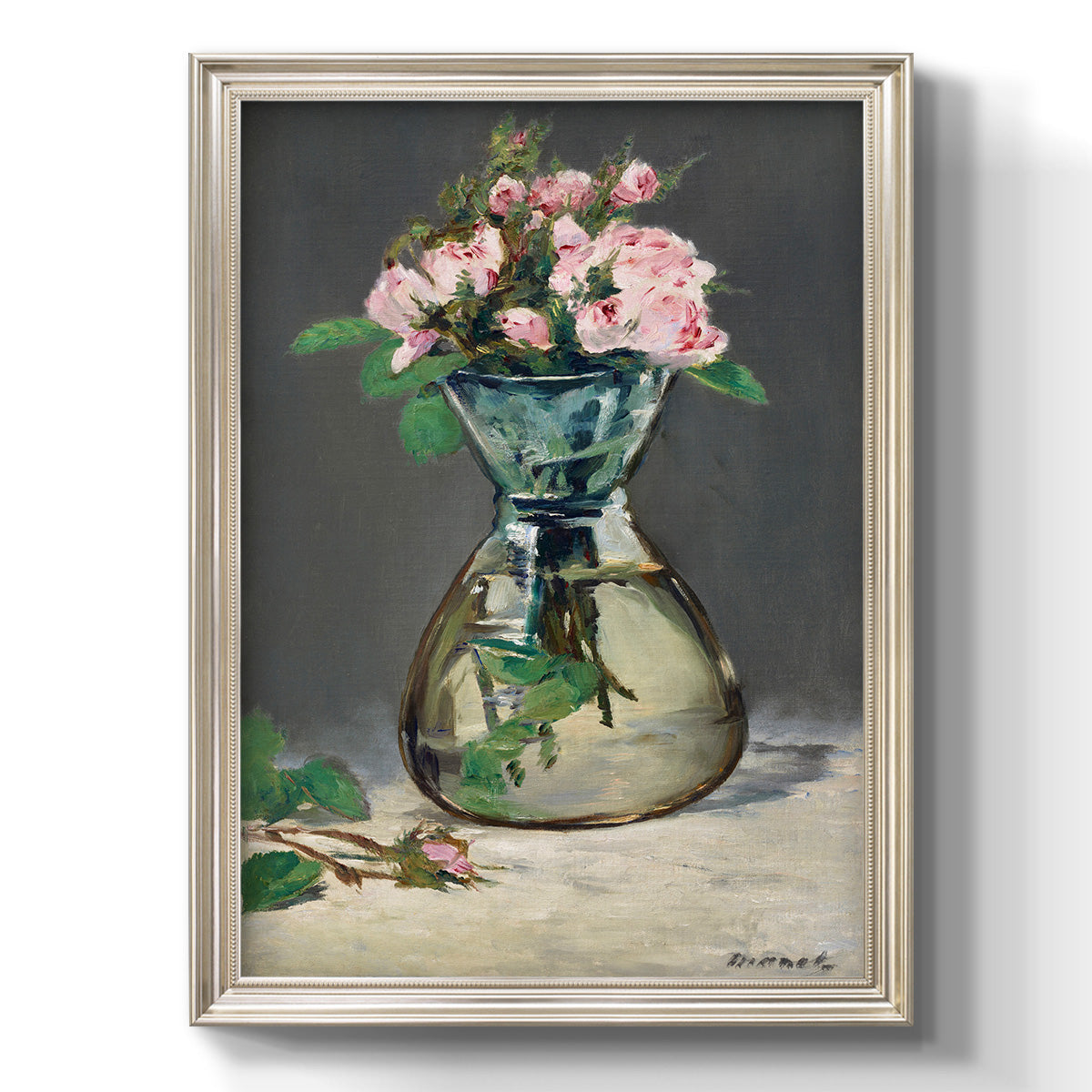 Moss Roses in a Vase - Ornate Framed Canvas Print