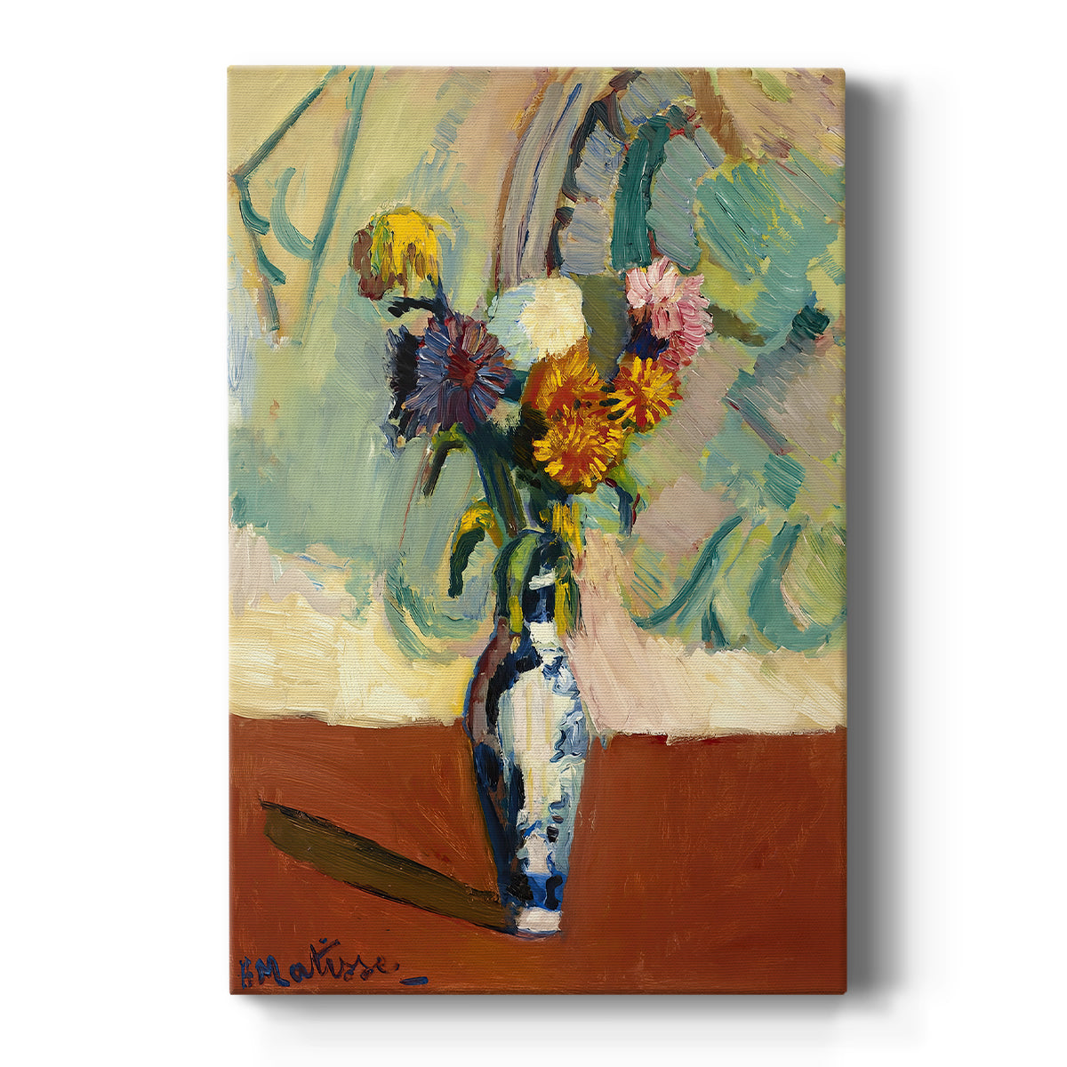 Canvas art print featuring a fauvist still life of chrysanthemums in a decorative vase with bright color on a clean white background.