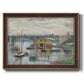 Impressionist river bridge scene on an overcast day by Claude Monet printed on canvas in an ornate bronzed mahogany wood frame.