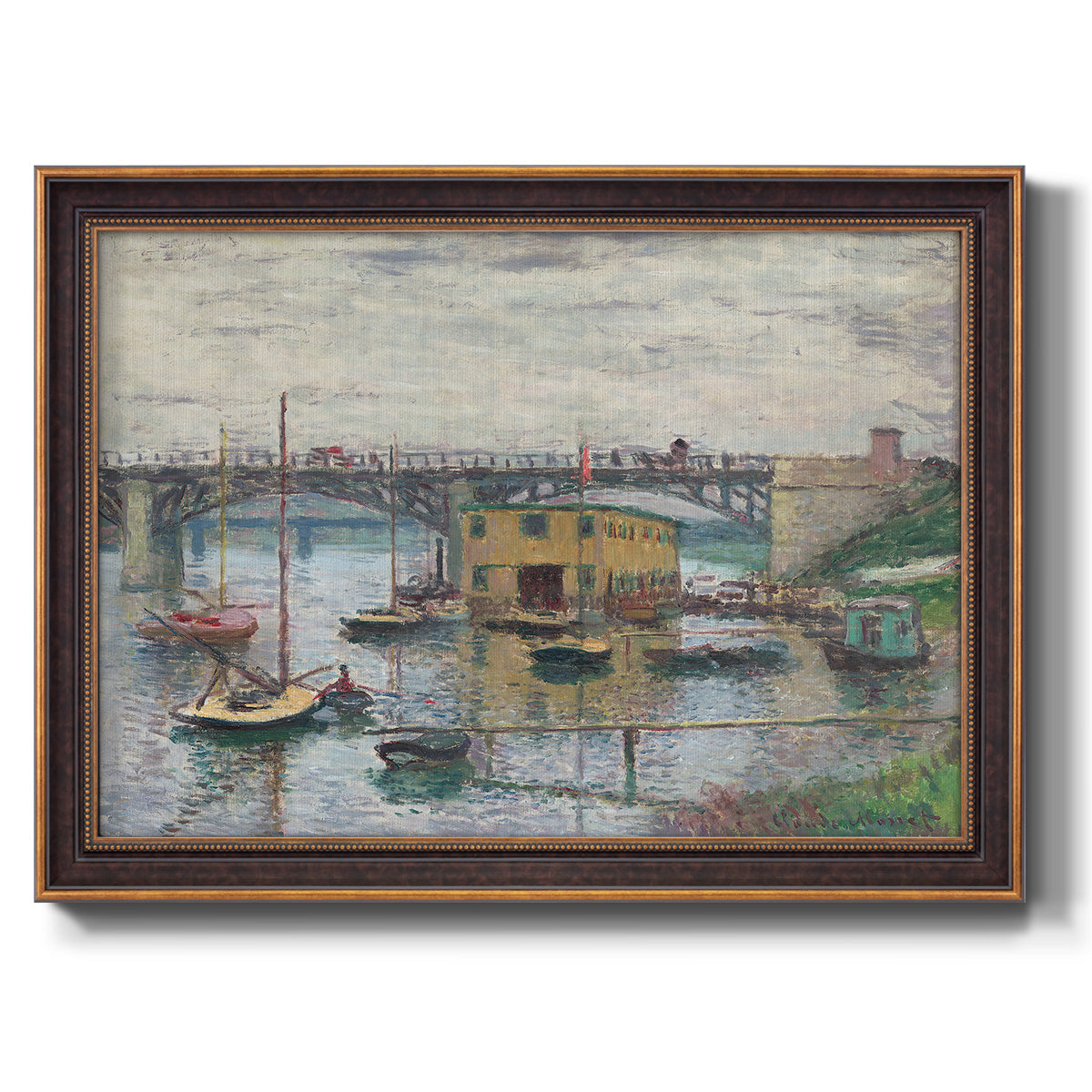Impressionist river bridge scene on an overcast day by Claude Monet printed on canvas in an ornate bronzed mahogany wood frame.