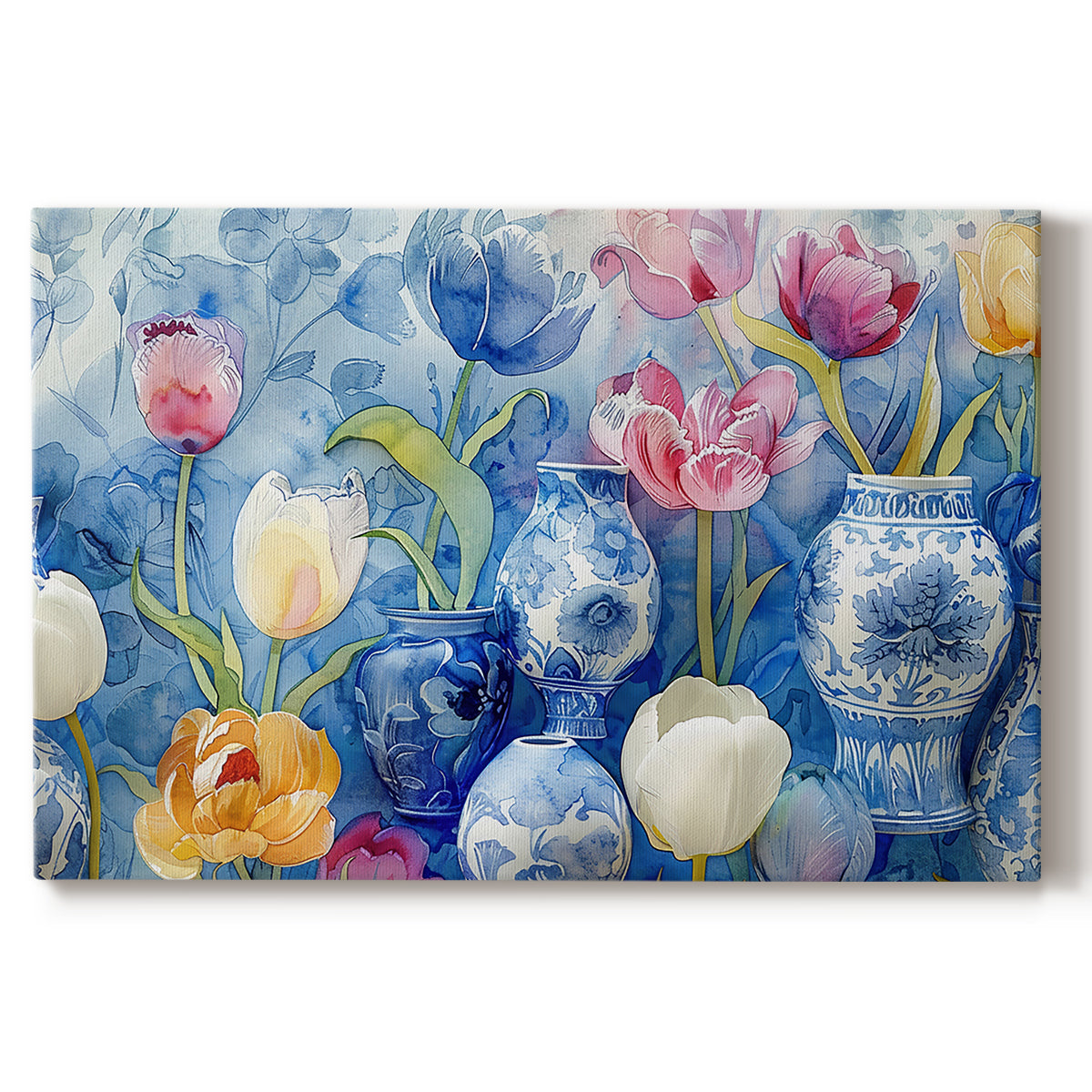 Colorful floral arrangement with blue and white vases on a bright background showcasing artistic design and craftsmanship