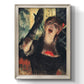 Impressionist portrait of a café singer by Edgar Degas printed on canvas in an ornate black frame with gilded inner detail with a vertical orientation.
