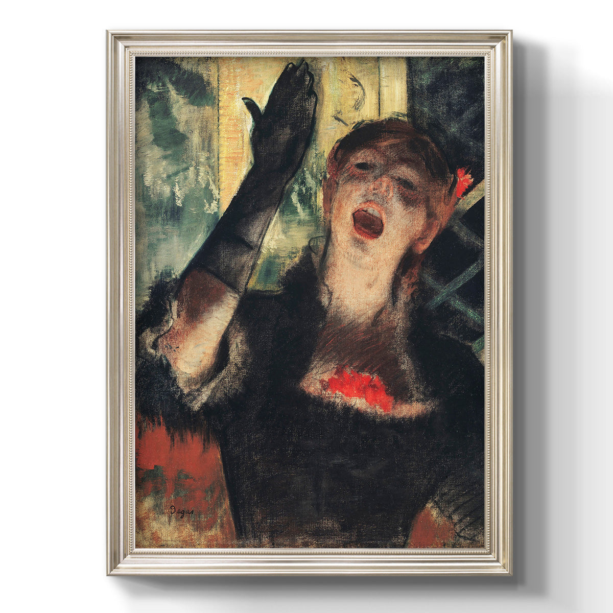 Impressionist portrait of a café singer by Edgar Degas printed on canvas in an ornate black frame with gilded inner detail with a vertical orientation.