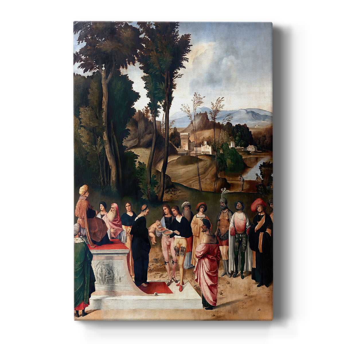 Canvas art print featuring a Renaissance scene of figures gathered around a dramatic trial by fire on a clean white background.