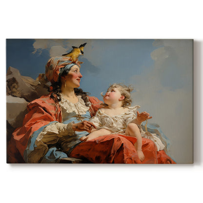 mother,child,tenderness,love,bird,landscape,colorful attire,serene,family,nature,portrait,joy,affection,sky,innocence,happiness,connection,beauty,warmth,maternal bond,outdoor,sweet,gazing,playful,art,vintage,sitting,care,cheerfulness,resting,close-up,expression,interaction,tranquility,charming,uplifting,heartwarming,peaceful,childhood,nurturing,scenery,harmony