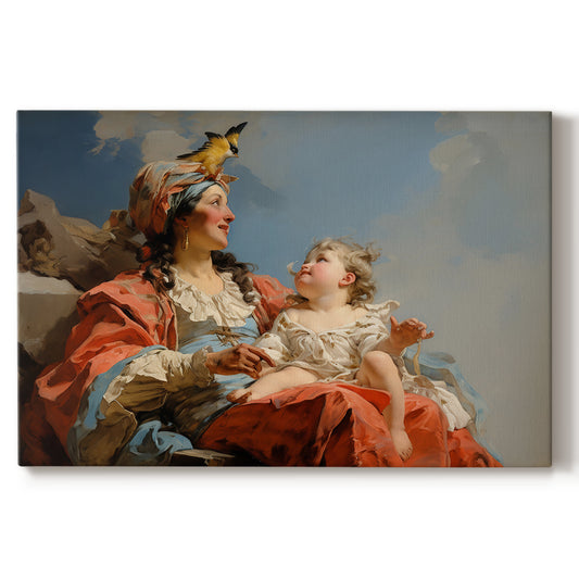 mother,child,tenderness,love,bird,landscape,colorful attire,serene,family,nature,portrait,joy,affection,sky,innocence,happiness,connection,beauty,warmth,maternal bond,outdoor,sweet,gazing,playful,art,vintage,sitting,care,cheerfulness,resting,close-up,expression,interaction,tranquility,charming,uplifting,heartwarming,peaceful,childhood,nurturing,scenery,harmony