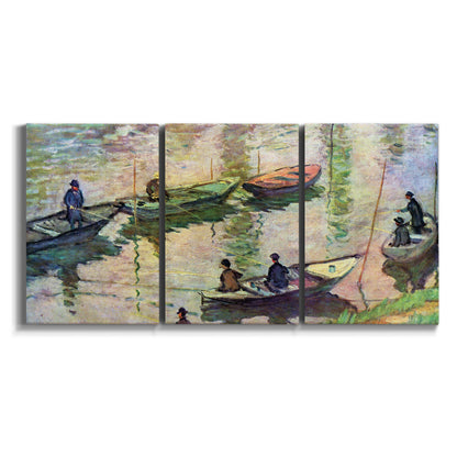 Three-panel canvas wall art featuring river scene with boats and reflections on white background.
