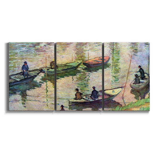 Three-panel canvas wall art featuring river scene with boats and reflections on white background.