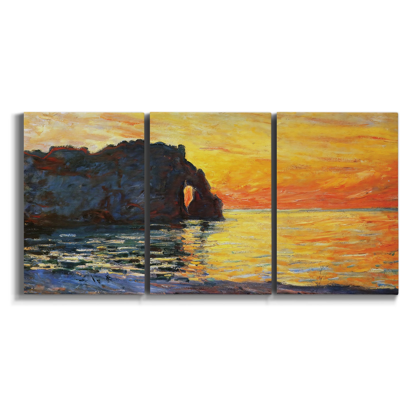 Three-panel canvas wall art featuring arched coastal cliff above sea on white background.