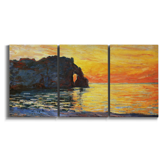 Three-panel canvas wall art featuring arched coastal cliff above sea on white background.