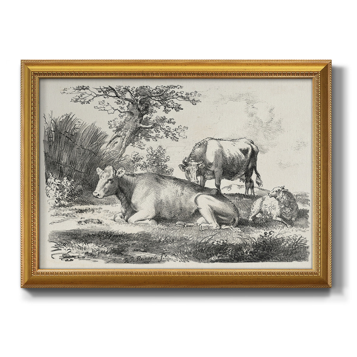 Classical pastoral landscape artwork by Nicolas Berchem printed on canvas in an ornate antique gold frame.