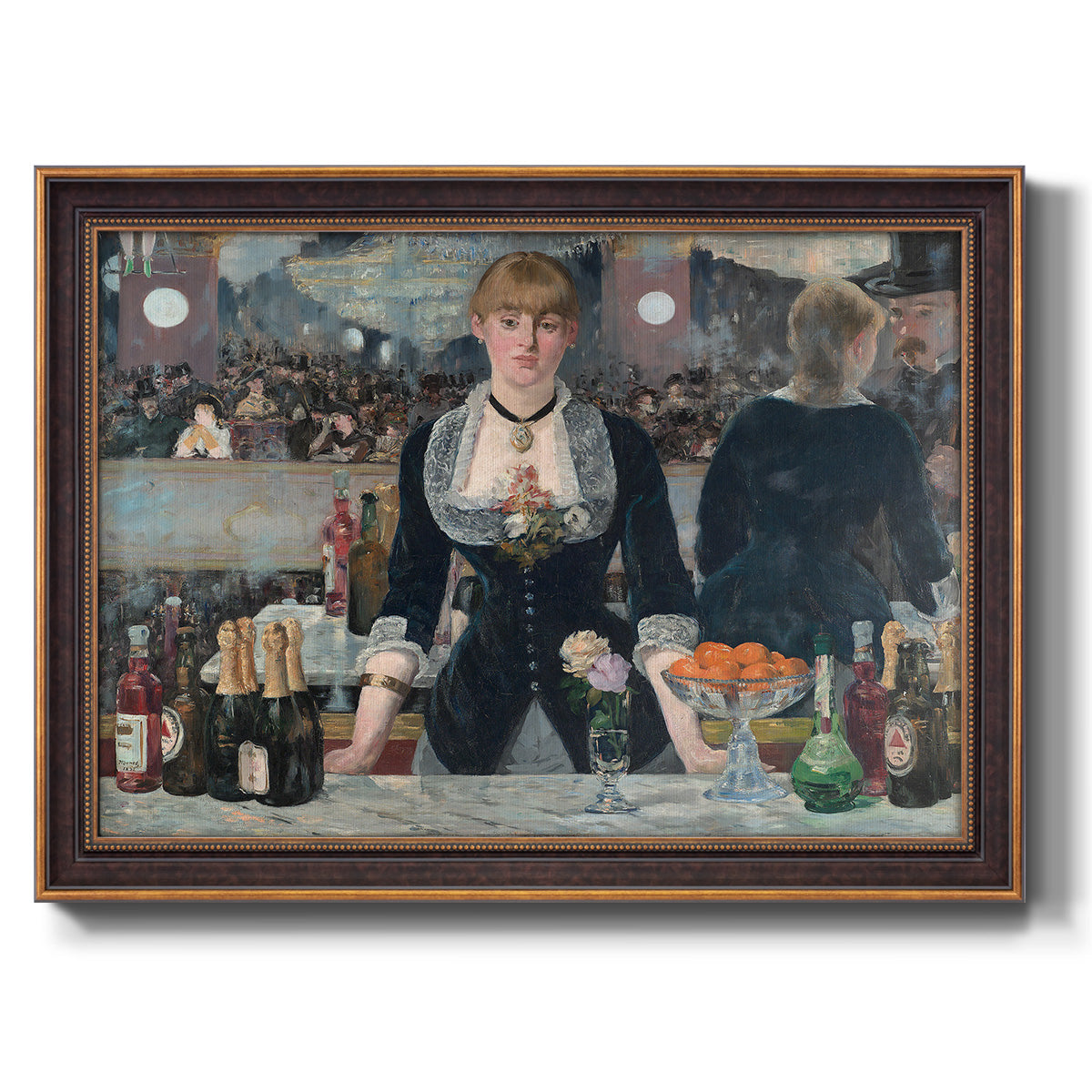 Iconic impressionist café bar scene by Édouard Manet printed on canvas in an ornate bronzed mahogany wood frame.