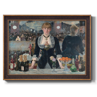 Iconic impressionist café bar scene by Édouard Manet printed on canvas in an ornate bronzed mahogany wood frame.