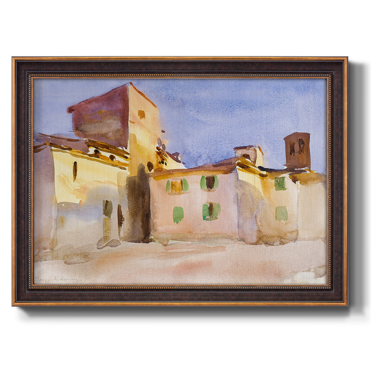 Impressionist Italian village scene by John Singer Sargent printed on canvas in an ornate bronzed mahogany wood frame.