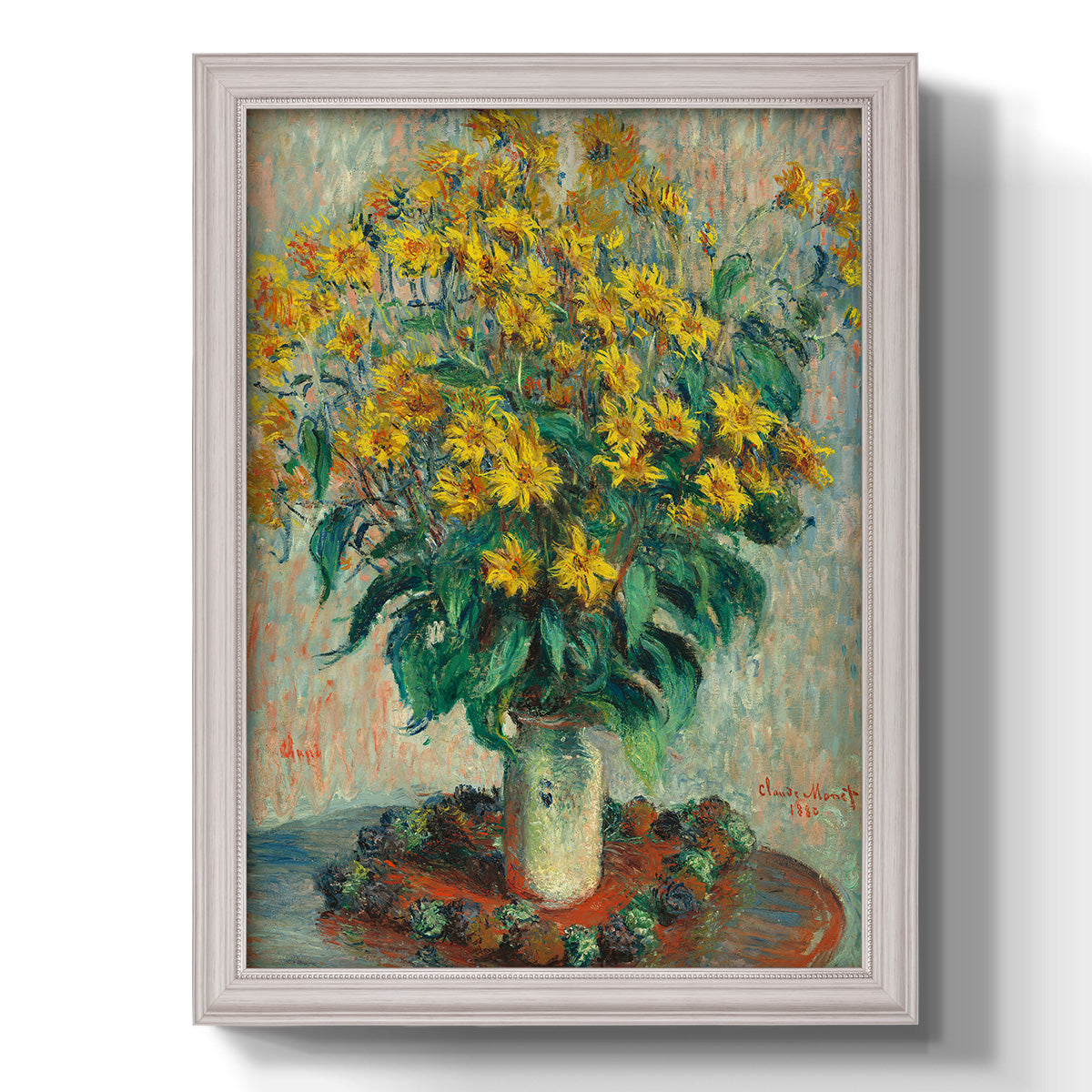 Impressionist floral painting of artichoke flowers by Claude Monet printed on canvas in an ornate weathered white frame with a vertical orientation.