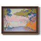 Pointillist coastal seascape by Paul Signac printed on canvas in an ornate bronzed mahogany wood frame.