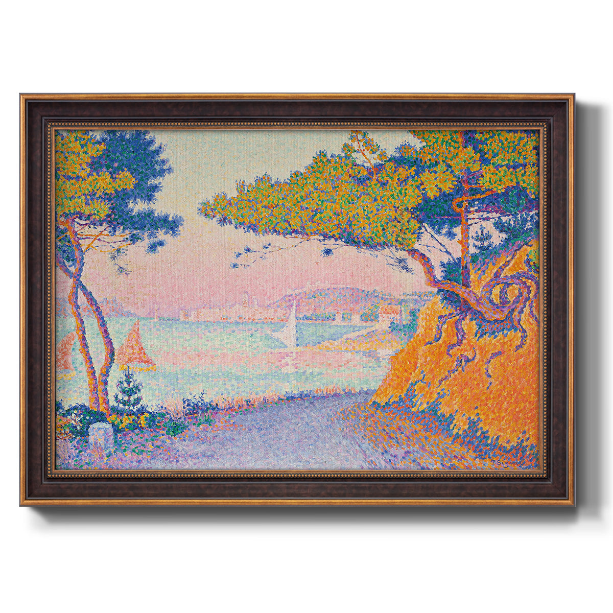 Pointillist coastal seascape by Paul Signac printed on canvas in an ornate bronzed mahogany wood frame.