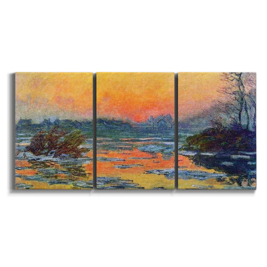 Three-panel canvas wall art featuring winter sunset over river on white background.