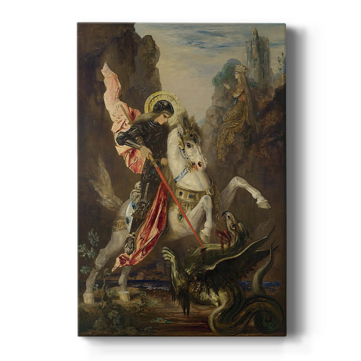Canvas art print featuring a symbolic scene of a mounted figure confronting a dragon in a vivid setting on a clean white background.