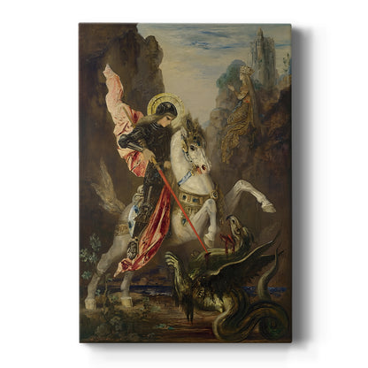 Canvas art print featuring a symbolic scene of a mounted figure confronting a dragon in a vivid setting on a clean white background.