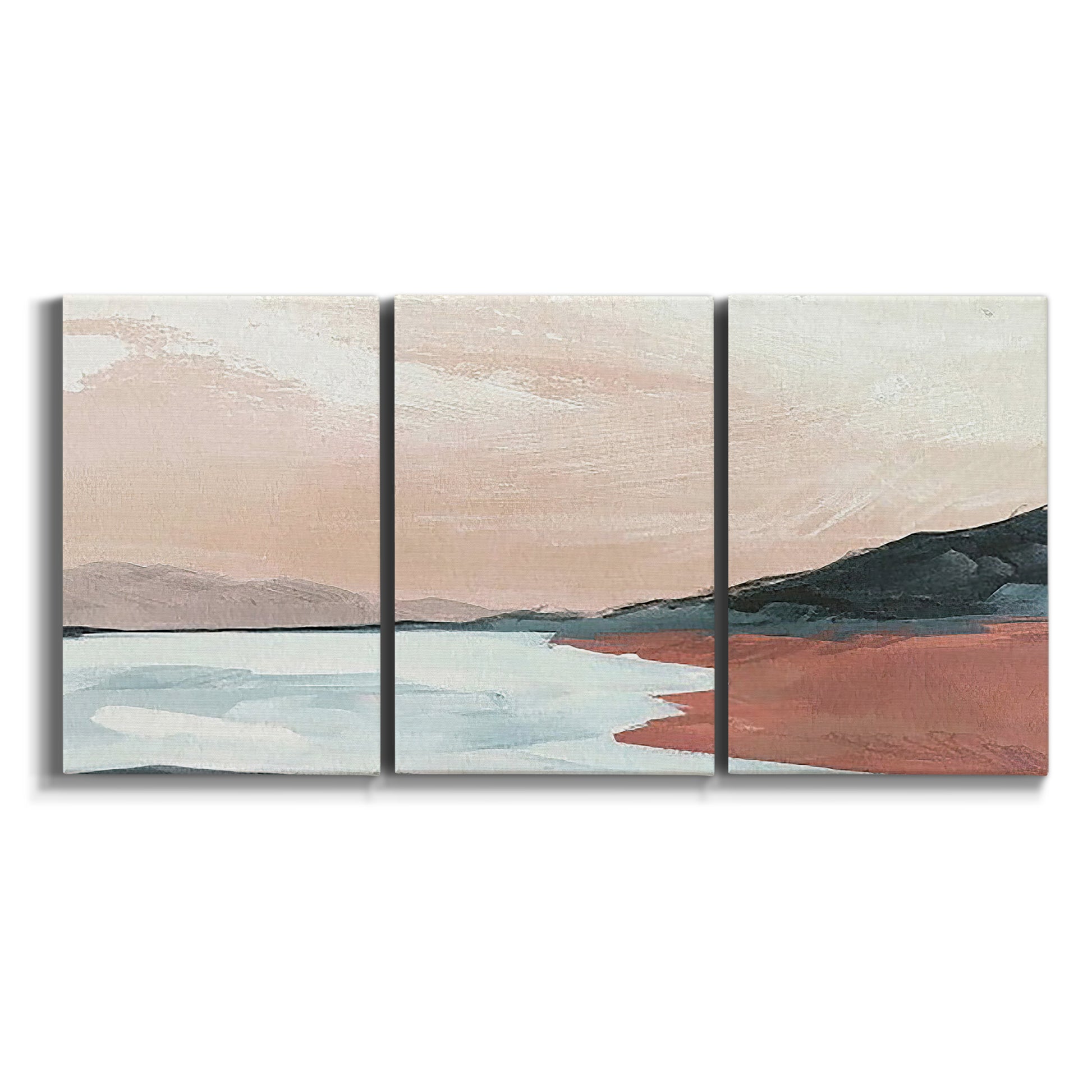 Three-panel canvas wall art featuring quiet coastline with distant horizon on white background.