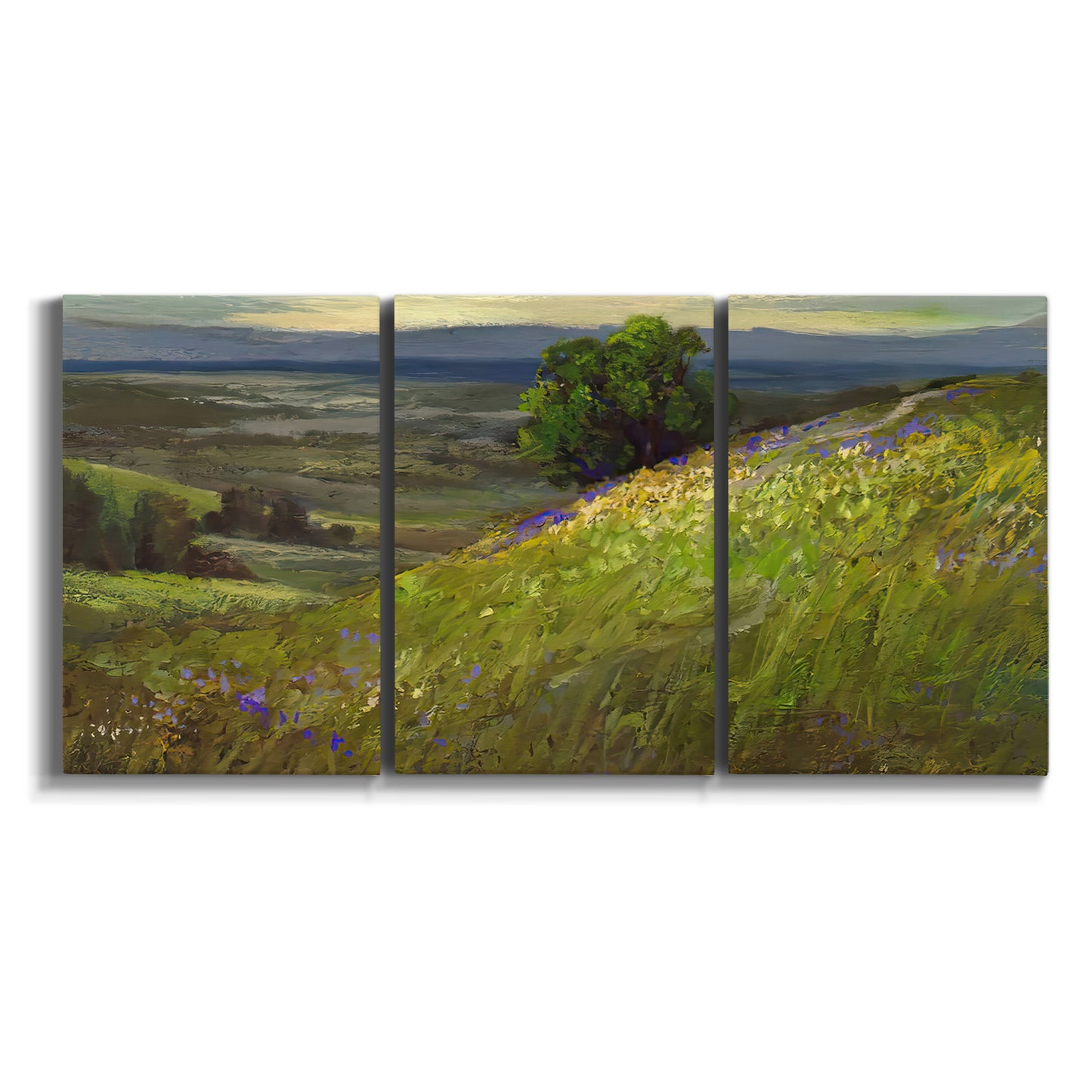 Three-panel canvas wall art featuring winding path through rolling hills on white background.
