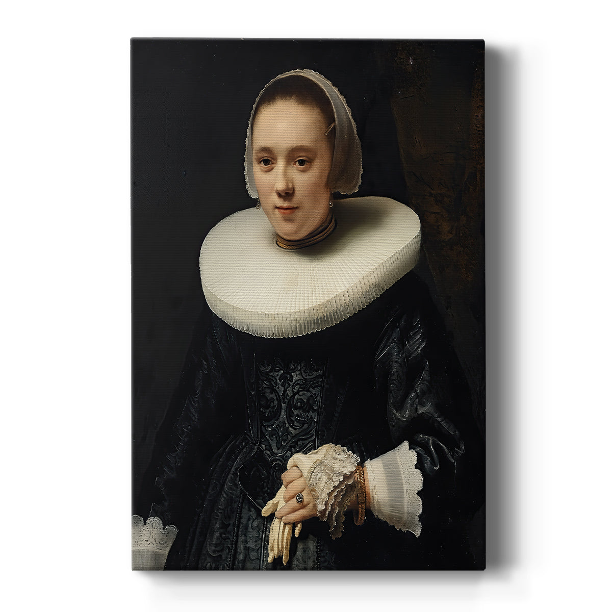 Canvas art print featuring a Baroque portrait of a woman holding a glove with soft light and detail on a clean white background.