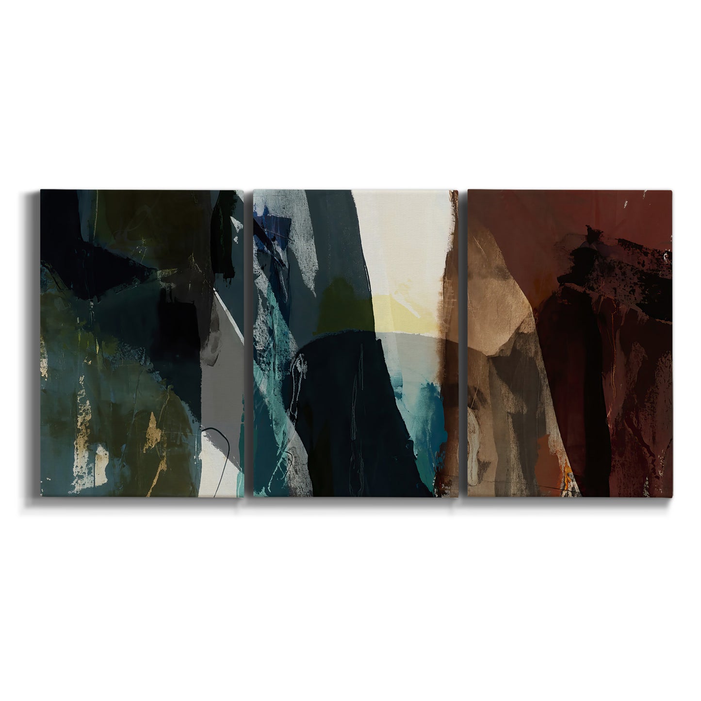 Three-panel canvas wall art featuring layered neutral abstract textures on white background.