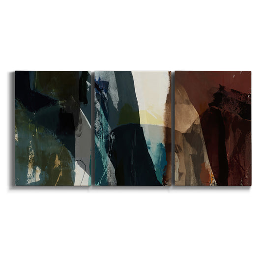 Three-panel canvas wall art featuring layered neutral abstract textures on white background.