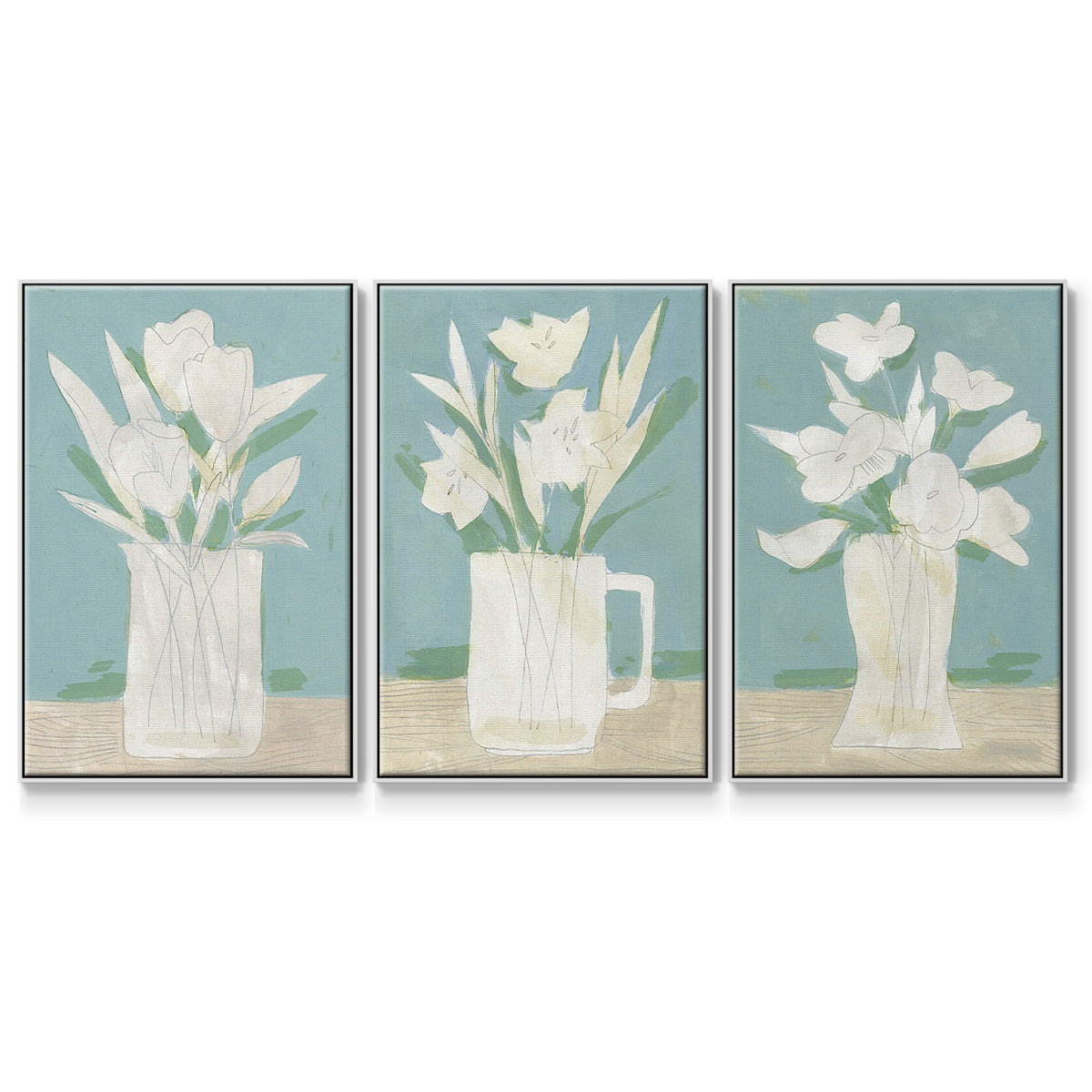 Muted Spring Arrangement I - Framed Premium Gallery Wrapped Canvas L Frame 3 Piece Set - Ready to Hang