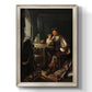 Classical portrait of a soldier smoking a pipe by Frans van Mieris the Elder printed on canvas in an ornate black frame with gilded inner detail with a vertical orientation.
