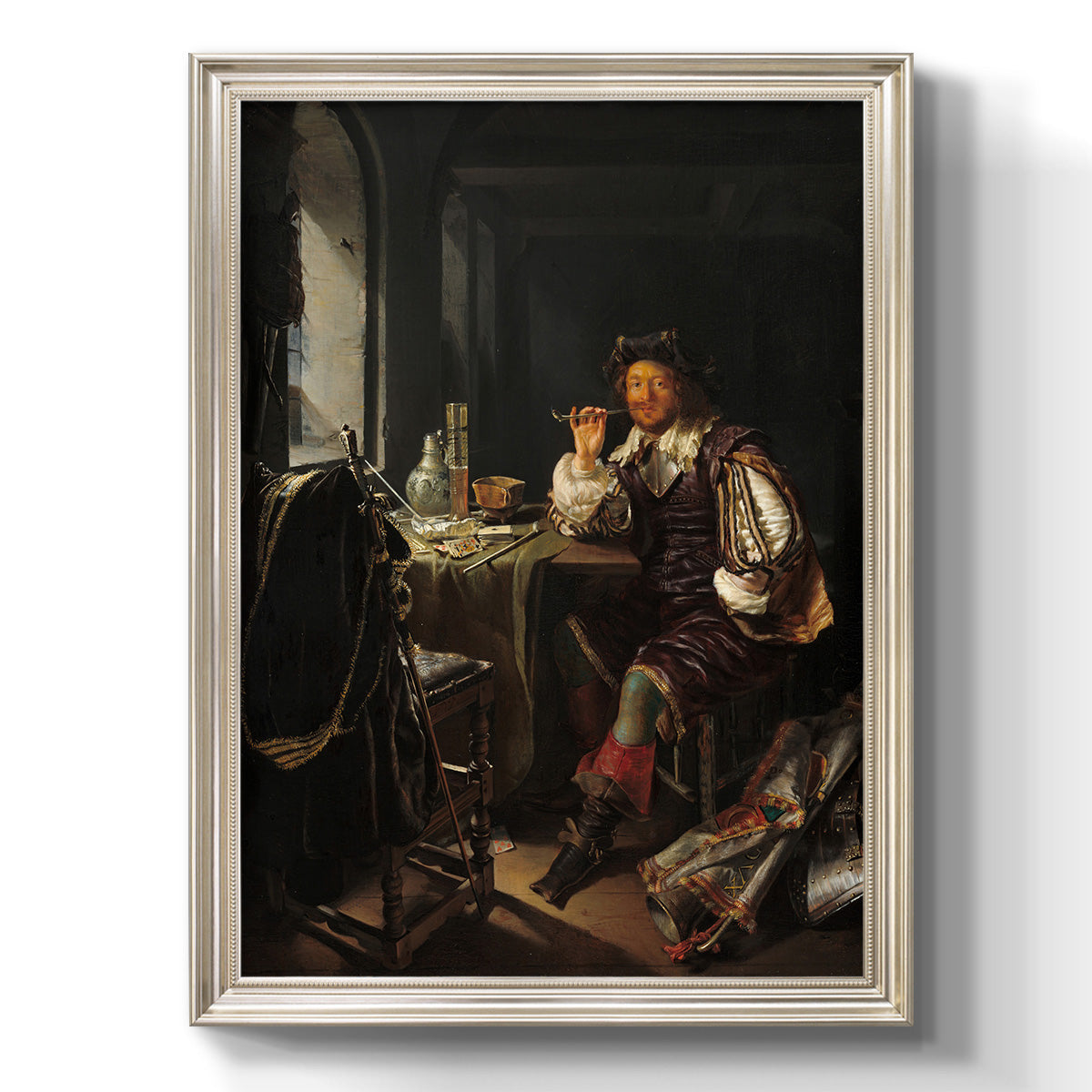 Classical portrait of a soldier smoking a pipe by Frans van Mieris the Elder printed on canvas in an ornate black frame with gilded inner detail with a vertical orientation.